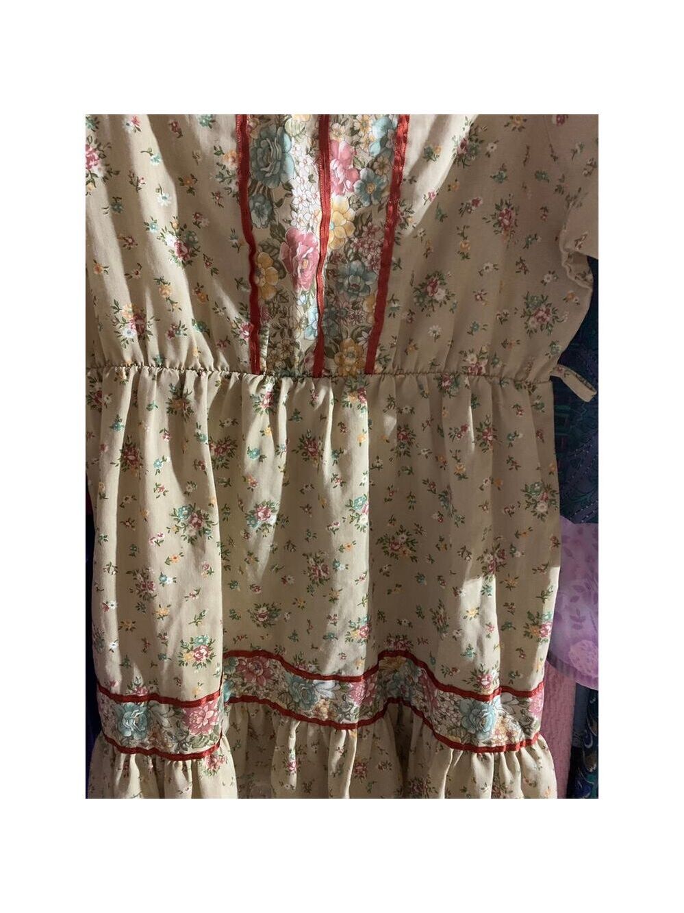 Vintage 1970's Boho Mini Prairie Dress Tunic Top Cream Floral Print Sz xs /child - Picture 8 of 14